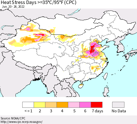 China, Mongolia and Taiwan Heat Stress Days >=35°C/95°F (CPC) Thematic Map For 6/20/2022 - 6/26/2022