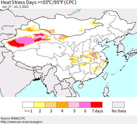 China, Mongolia and Taiwan Heat Stress Days >=35°C/95°F (CPC) Thematic Map For 6/27/2022 - 7/3/2022