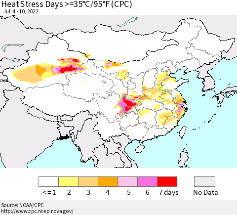 China, Mongolia and Taiwan Heat Stress Days >=35°C/95°F (CPC) Thematic Map For 7/4/2022 - 7/10/2022