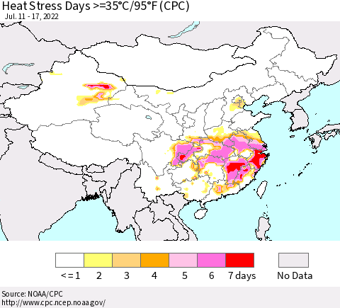 China, Mongolia and Taiwan Heat Stress Days >=35°C/95°F (CPC) Thematic Map For 7/11/2022 - 7/17/2022