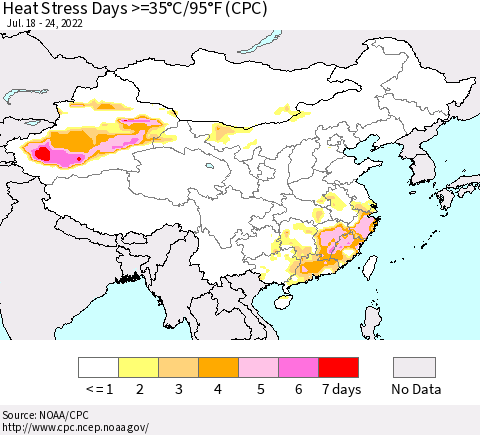 China, Mongolia and Taiwan Heat Stress Days >=35°C/95°F (CPC) Thematic Map For 7/18/2022 - 7/24/2022