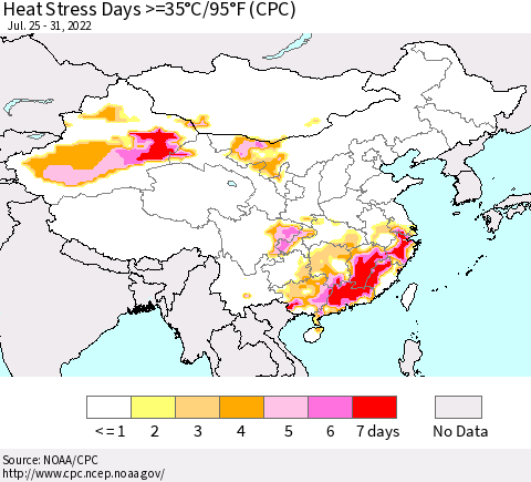 China, Mongolia and Taiwan Heat Stress Days >=35°C/95°F (CPC) Thematic Map For 7/25/2022 - 7/31/2022