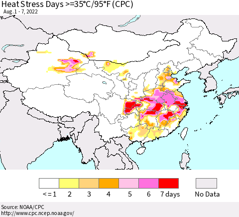 China, Mongolia and Taiwan Heat Stress Days >=35°C/95°F (CPC) Thematic Map For 8/1/2022 - 8/7/2022