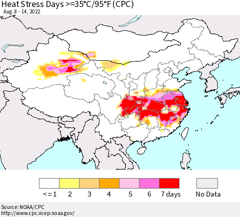 China, Mongolia and Taiwan Heat Stress Days >=35°C/95°F (CPC) Thematic Map For 8/8/2022 - 8/14/2022