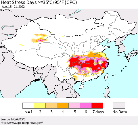 China, Mongolia and Taiwan Heat Stress Days >=35°C/95°F (CPC) Thematic Map For 8/15/2022 - 8/21/2022
