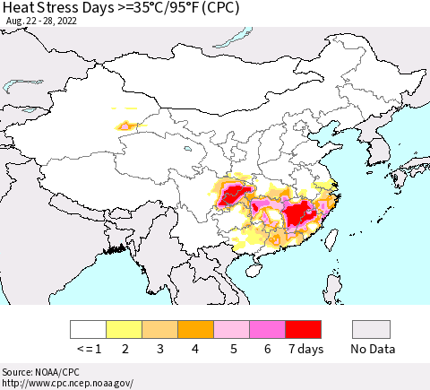 China, Mongolia and Taiwan Heat Stress Days >=35°C/95°F (CPC) Thematic Map For 8/22/2022 - 8/28/2022