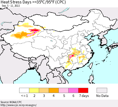 China, Mongolia and Taiwan Heat Stress Days >=35°C/95°F (CPC) Thematic Map For 9/5/2022 - 9/11/2022
