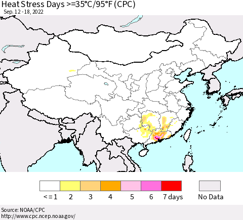 China, Mongolia and Taiwan Heat Stress Days >=35°C/95°F (CPC) Thematic Map For 9/12/2022 - 9/18/2022
