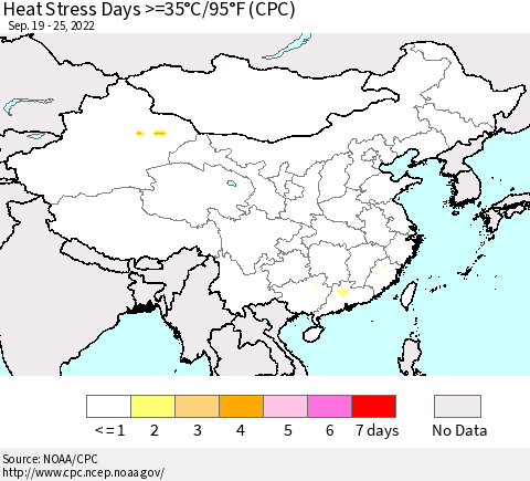 China, Mongolia and Taiwan Heat Stress Days >=35°C/95°F (CPC) Thematic Map For 9/19/2022 - 9/25/2022