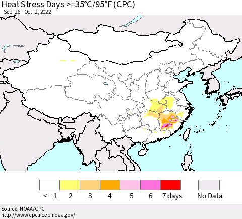 China, Mongolia and Taiwan Heat Stress Days >=35°C/95°F (CPC) Thematic Map For 9/26/2022 - 10/2/2022