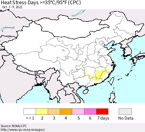 China, Mongolia and Taiwan Heat Stress Days >=35°C/95°F (CPC) Thematic Map For 10/3/2022 - 10/9/2022