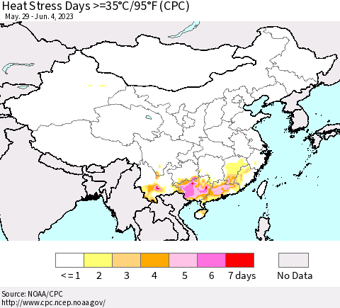 China, Mongolia and Taiwan Heat Stress Days >=35°C/95°F (CPC) Thematic Map For 5/29/2023 - 6/4/2023