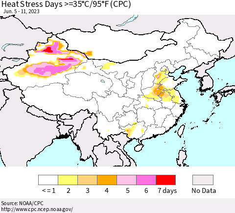 China, Mongolia and Taiwan Heat Stress Days >=35°C/95°F (CPC) Thematic Map For 6/5/2023 - 6/11/2023