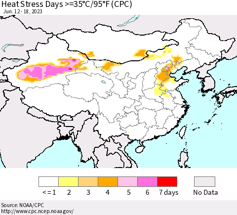 China, Mongolia and Taiwan Heat Stress Days >=35°C/95°F (CPC) Thematic Map For 6/12/2023 - 6/18/2023