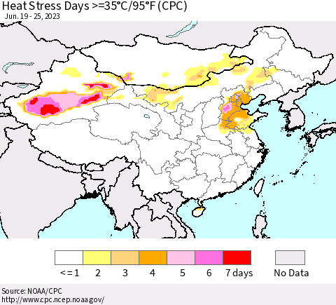 China, Mongolia and Taiwan Heat Stress Days >=35°C/95°F (CPC) Thematic Map For 6/19/2023 - 6/25/2023