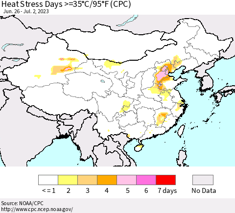 China, Mongolia and Taiwan Heat Stress Days >=35°C/95°F (CPC) Thematic Map For 6/26/2023 - 7/2/2023