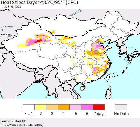 China, Mongolia and Taiwan Heat Stress Days >=35°C/95°F (CPC) Thematic Map For 7/3/2023 - 7/9/2023