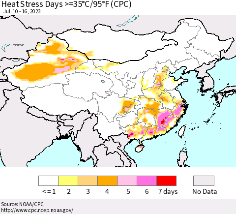 China, Mongolia and Taiwan Heat Stress Days >=35°C/95°F (CPC) Thematic Map For 7/10/2023 - 7/16/2023