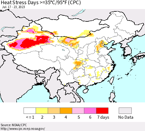 China, Mongolia and Taiwan Heat Stress Days >=35°C/95°F (CPC) Thematic Map For 7/17/2023 - 7/23/2023
