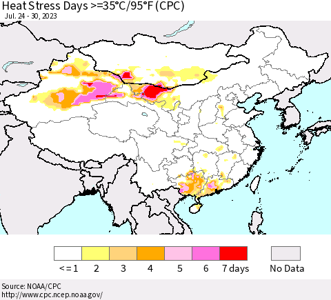 China, Mongolia and Taiwan Heat Stress Days >=35°C/95°F (CPC) Thematic Map For 7/24/2023 - 7/30/2023