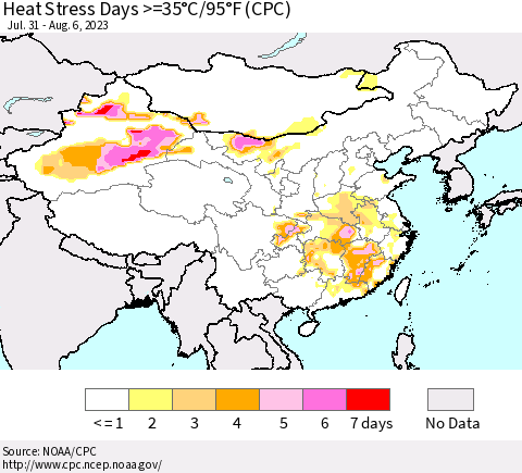 China, Mongolia and Taiwan Heat Stress Days >=35°C/95°F (CPC) Thematic Map For 7/31/2023 - 8/6/2023