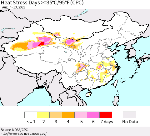 China, Mongolia and Taiwan Heat Stress Days >=35°C/95°F (CPC) Thematic Map For 8/7/2023 - 8/13/2023