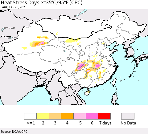 China, Mongolia and Taiwan Heat Stress Days >=35°C/95°F (CPC) Thematic Map For 8/14/2023 - 8/20/2023