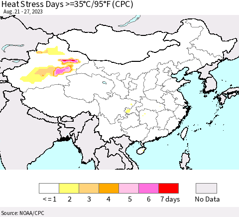 China, Mongolia and Taiwan Heat Stress Days >=35°C/95°F (CPC) Thematic Map For 8/21/2023 - 8/27/2023