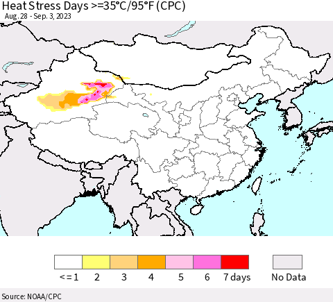 China, Mongolia and Taiwan Heat Stress Days >=35°C/95°F (CPC) Thematic Map For 8/28/2023 - 9/3/2023