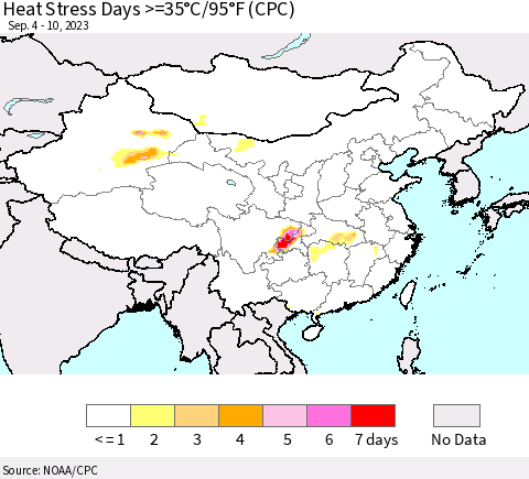 China, Mongolia and Taiwan Heat Stress Days >=35°C/95°F (CPC) Thematic Map For 9/4/2023 - 9/10/2023