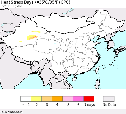 China, Mongolia and Taiwan Heat Stress Days >=35°C/95°F (CPC) Thematic Map For 9/11/2023 - 9/17/2023