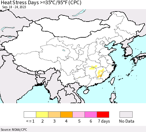 China, Mongolia and Taiwan Heat Stress Days >=35°C/95°F (CPC) Thematic Map For 9/18/2023 - 9/24/2023