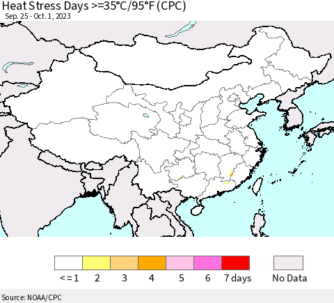 China, Mongolia and Taiwan Heat Stress Days >=35°C/95°F (CPC) Thematic Map For 9/25/2023 - 10/1/2023