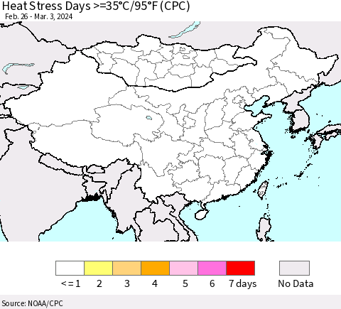 China, Mongolia and Taiwan Heat Stress Days >=35°C/95°F (CPC) Thematic Map For 2/26/2024 - 3/3/2024