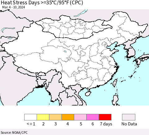 China, Mongolia and Taiwan Heat Stress Days >=35°C/95°F (CPC) Thematic Map For 3/4/2024 - 3/10/2024