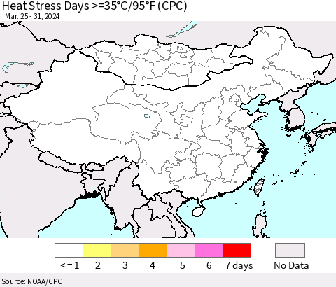 China, Mongolia and Taiwan Heat Stress Days >=35°C/95°F (CPC) Thematic Map For 3/25/2024 - 3/31/2024