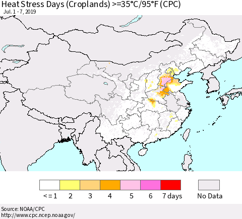 China and Taiwan Heat Stress Days (Croplands) >=35°C/95°F (CPC) Thematic Map For 7/1/2019 - 7/7/2019