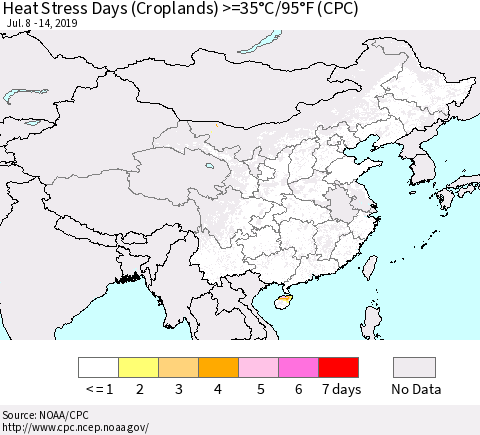 China and Taiwan Heat Stress Days (Croplands) >=35°C/95°F (CPC) Thematic Map For 7/8/2019 - 7/14/2019