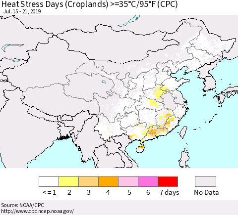 China and Taiwan Heat Stress Days (Croplands) >=35°C/95°F (CPC) Thematic Map For 7/15/2019 - 7/21/2019