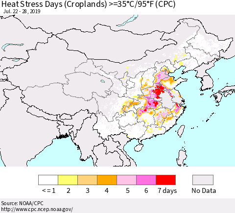 China and Taiwan Heat Stress Days (Croplands) >=35°C/95°F (CPC) Thematic Map For 7/22/2019 - 7/28/2019