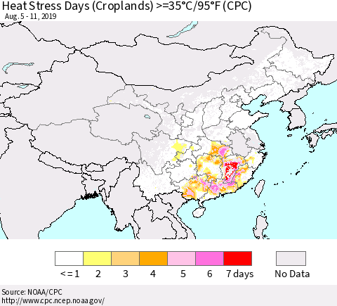 China and Taiwan Heat Stress Days (Croplands) >=35°C/95°F (CPC) Thematic Map For 8/5/2019 - 8/11/2019