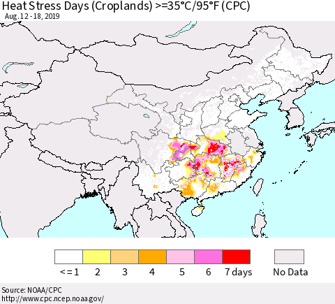 China, Mongolia and Taiwan Heat Stress Days (Croplands) >=35°C/95°F (CPC) Thematic Map For 8/12/2019 - 8/18/2019