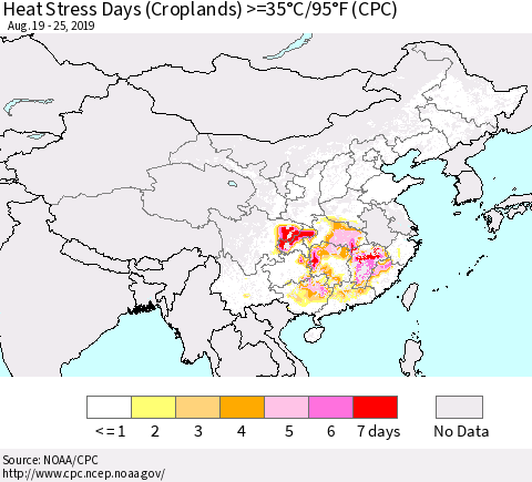 China and Taiwan Heat Stress Days (Croplands) >=35°C/95°F (CPC) Thematic Map For 8/19/2019 - 8/25/2019