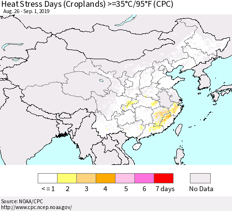 China, Mongolia and Taiwan Heat Stress Days (Croplands) >=35°C/95°F (CPC) Thematic Map For 8/26/2019 - 9/1/2019