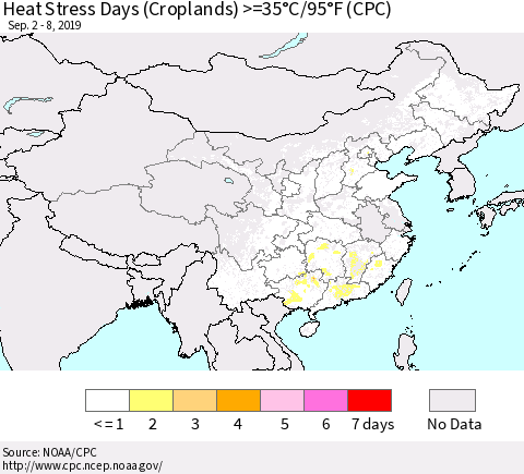 China and Taiwan Heat Stress Days (Croplands) >=35°C/95°F (CPC) Thematic Map For 9/2/2019 - 9/8/2019