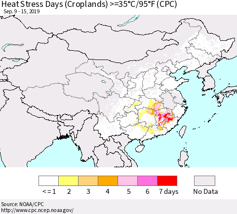 China, Mongolia and Taiwan Heat Stress Days (Croplands) >=35°C/95°F (CPC) Thematic Map For 9/9/2019 - 9/15/2019
