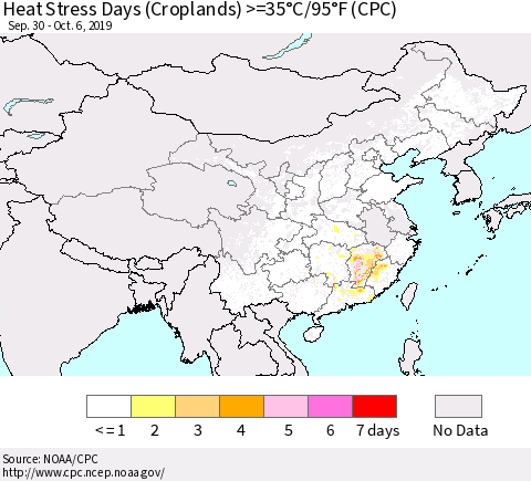 China, Mongolia and Taiwan Heat Stress Days (Croplands) >=35°C/95°F (CPC) Thematic Map For 9/30/2019 - 10/6/2019