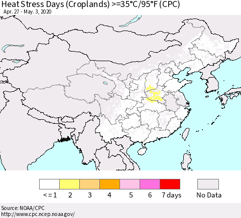 China, Mongolia and Taiwan Heat Stress Days (Croplands) >=35°C/95°F (CPC) Thematic Map For 4/27/2020 - 5/3/2020