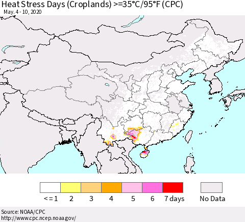 China, Mongolia and Taiwan Heat Stress Days (Croplands) >=35°C/95°F (CPC) Thematic Map For 5/4/2020 - 5/10/2020
