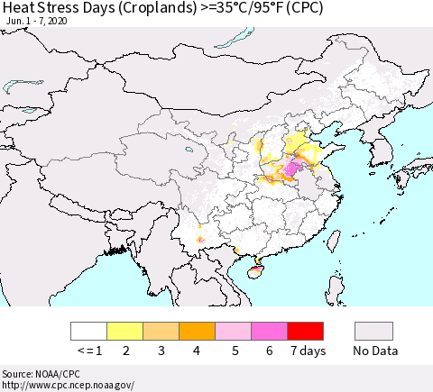 China, Mongolia and Taiwan Heat Stress Days (Croplands) >=35°C/95°F (CPC) Thematic Map For 6/1/2020 - 6/7/2020
